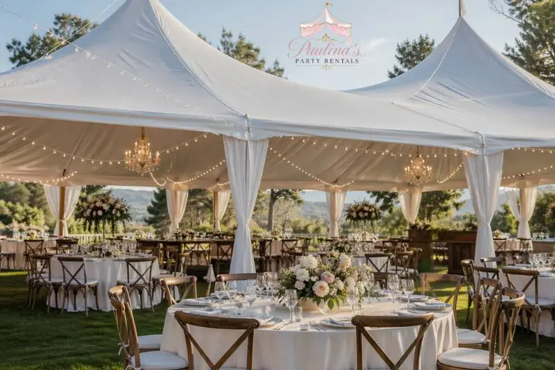 Professional high-peak white tent rental setup for an outdoor wedding in Houston, Texas, featuring clean canopy and secure anchoring.