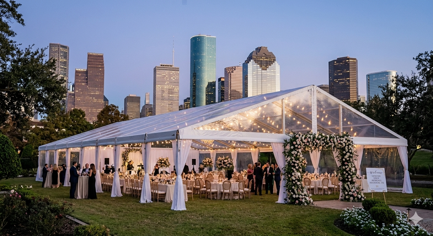 wedding-tent-rentals-houston-tx Elegant outdoor wedding setup with a large white high-peak tent, round tables, and Chiavari chairs in Houston, TX.