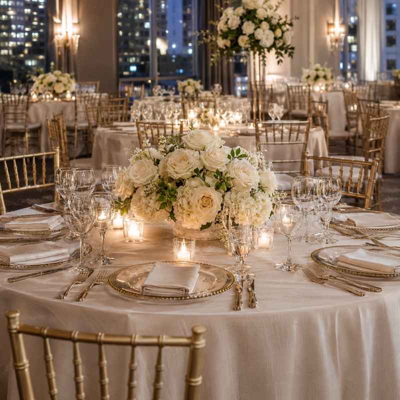 premium-tablecloth-rentals-houston-tx Elegant round tables dressed in white floor-length tablecloth rentals at a Houston event venue