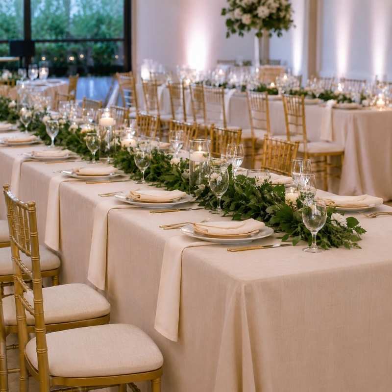 rectangular-banquet-linen-rentals-houston Long rectangular banquet tables covered with pressed navy blue linens for a corporate dinner in Houston