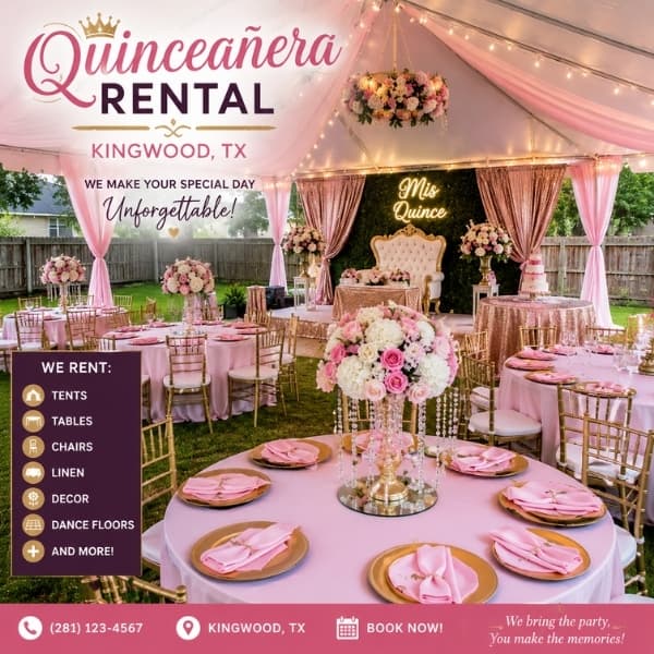quinceanera-rental-kingwood-tx Elegant table setup with linens and Chiavari chairs for a quinceañera rental in Kingwood TX