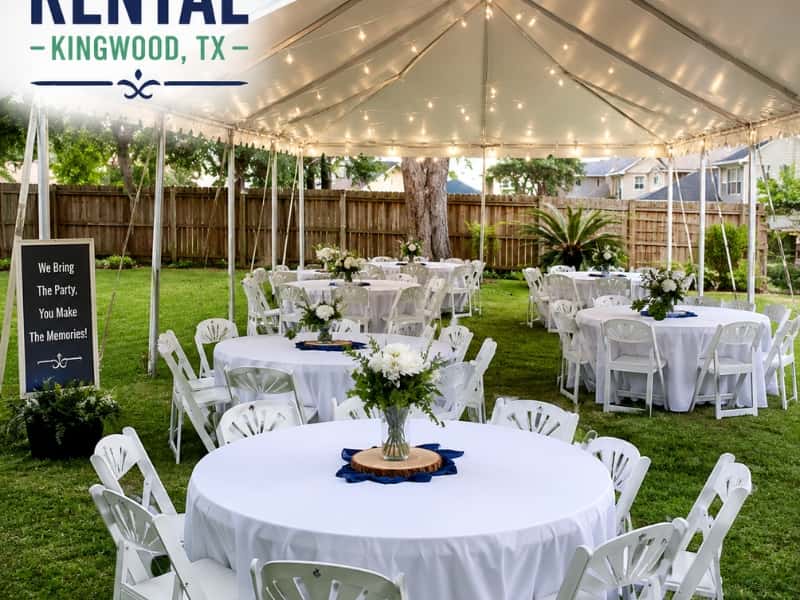 Party Rentals Kingwood TX Tables and chairs arranged under a white tent rental for a Kingwood TX outdoor event