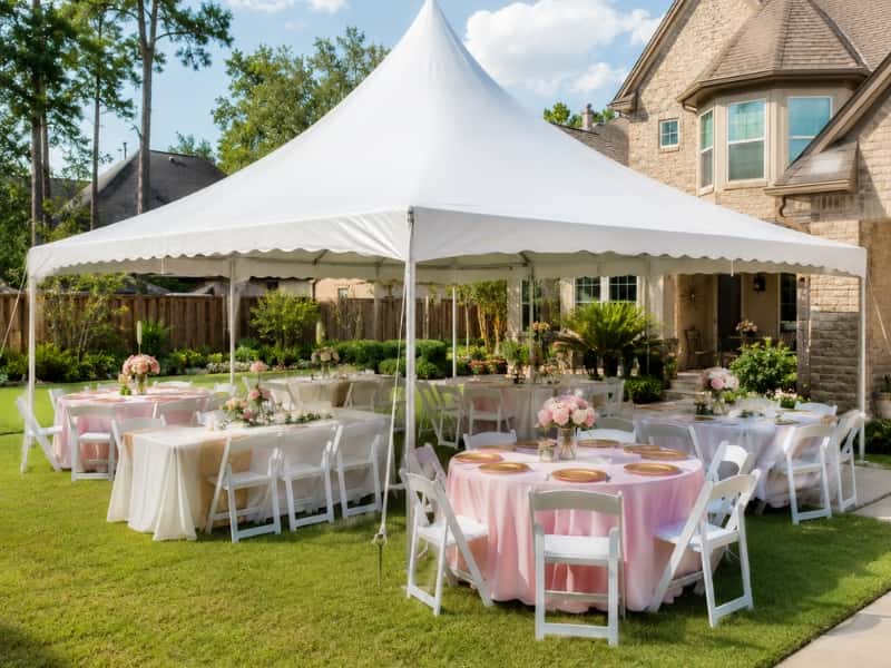 tent-rental-kingwood-tx-event Large white event tent set up for an outdoor party in Kingwood Texas by Paulina's Party Rentals